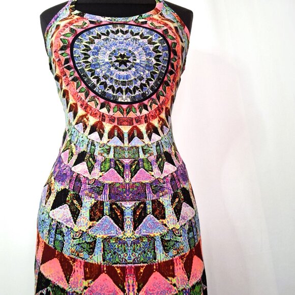 Beachy Mesh Mandala Print Bohemian Long Maxi Beach Boho Dress Semi-sheer Sz M - Picture 5 of 16